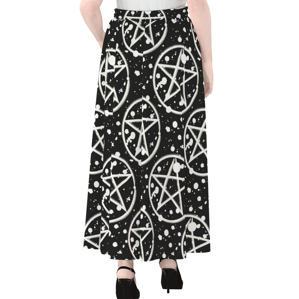 Black And White Wicca Pentagram Print Chiffon Maxi Skirt
