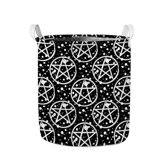 Black And White Wicca Pentagram Print Collapsible Laundry Basket