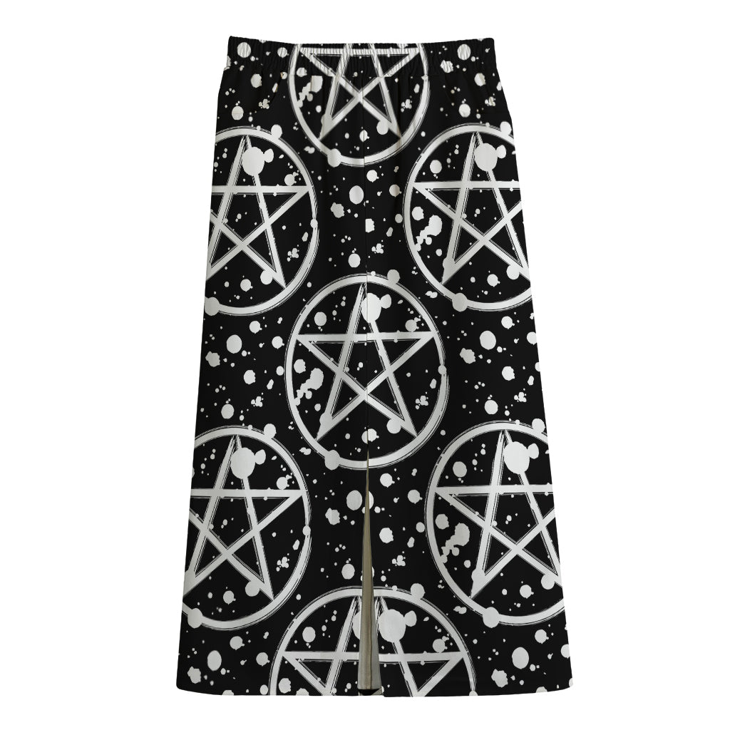 Black And White Wicca Pentagram Print Cotton Front Slit Maxi Skirt
