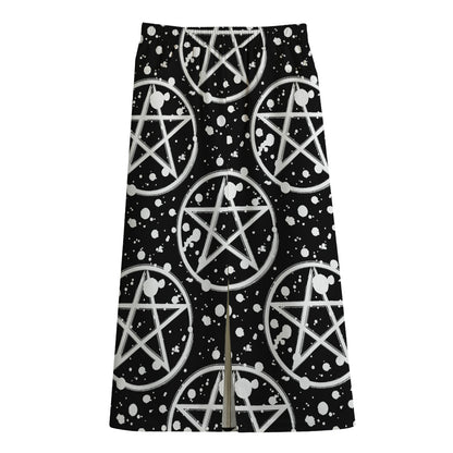 Black And White Wicca Pentagram Print Cotton Front Slit Maxi Skirt
