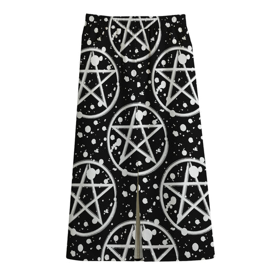 Black And White Wicca Pentagram Print Cotton Front Slit Maxi Skirt