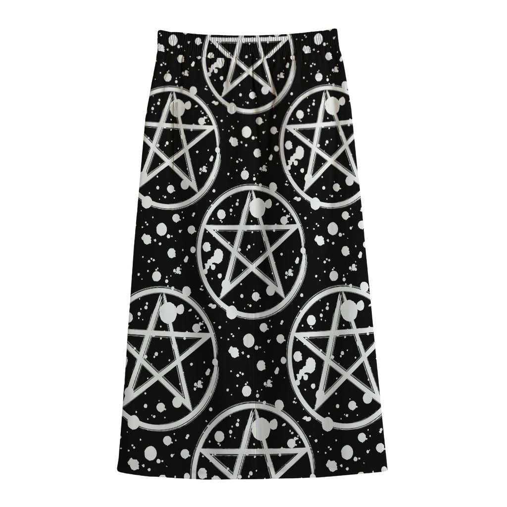 Black And White Wicca Pentagram Print Cotton Front Slit Maxi Skirt