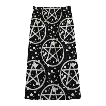 Black And White Wicca Pentagram Print Cotton Front Slit Maxi Skirt