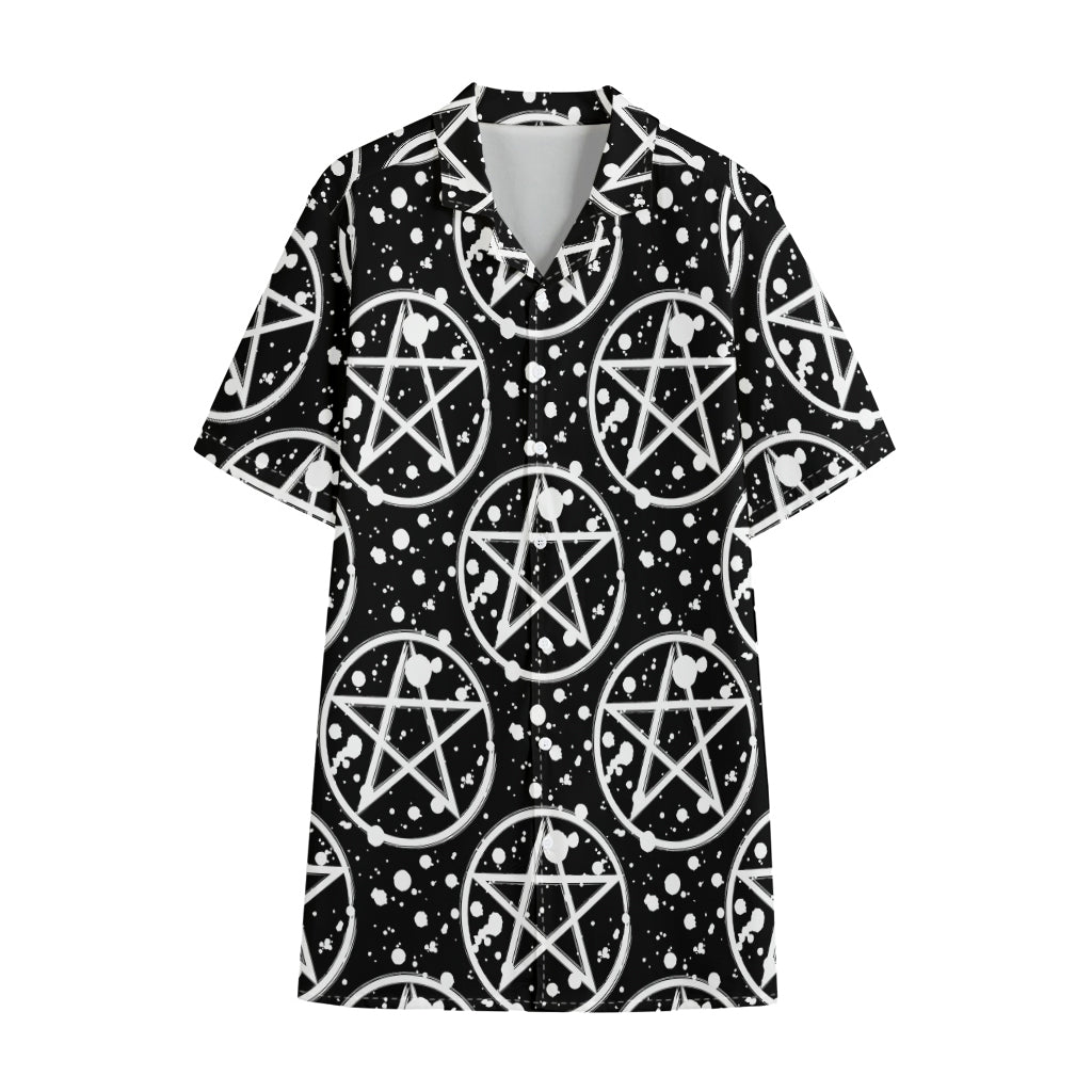 Black And White Wicca Pentagram Print Cotton Hawaiian Shirt
