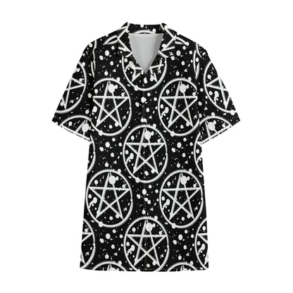 Black And White Wicca Pentagram Print Cotton Hawaiian Shirt