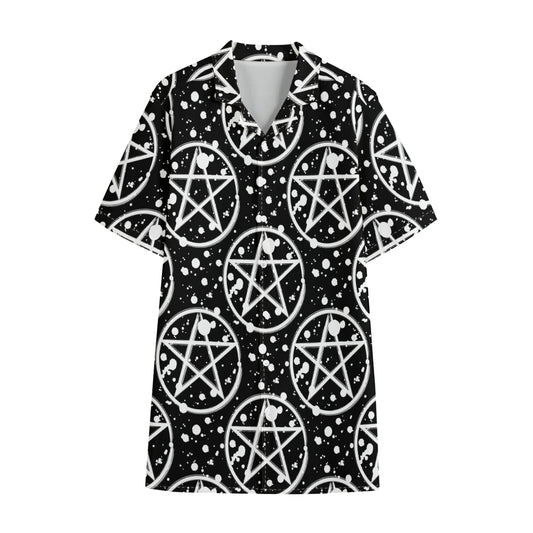 Black And White Wicca Pentagram Print Cotton Hawaiian Shirt