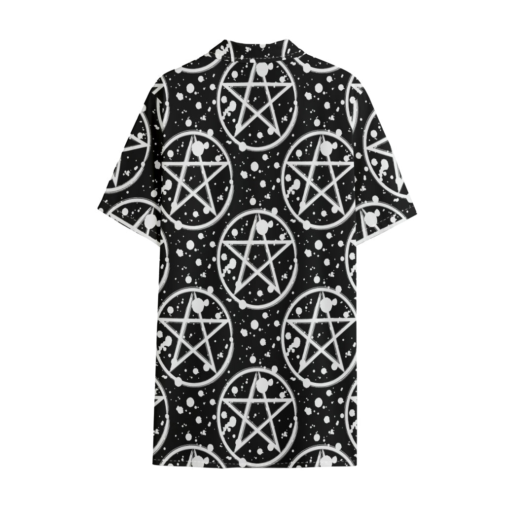 Black And White Wicca Pentagram Print Cotton Hawaiian Shirt