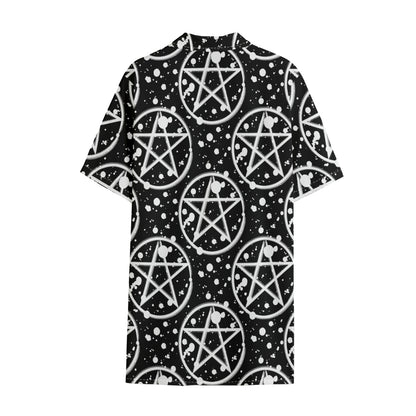 Black And White Wicca Pentagram Print Cotton Hawaiian Shirt