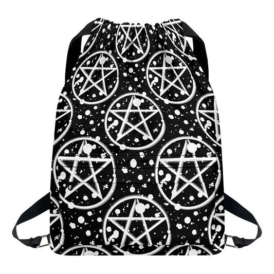 Black And White Wicca Pentagram Print Drawstring Backpack