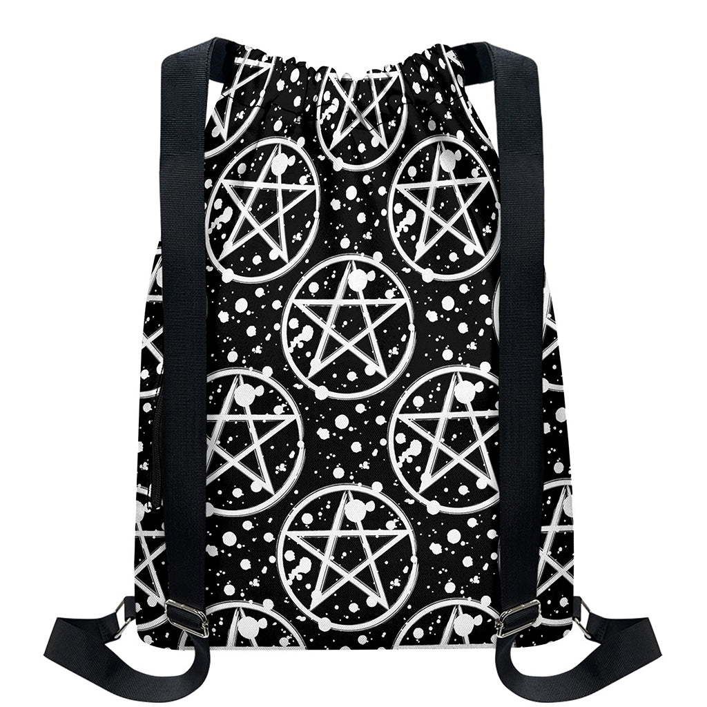 Black And White Wicca Pentagram Print Drawstring Backpack