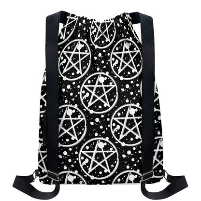 Black And White Wicca Pentagram Print Drawstring Backpack