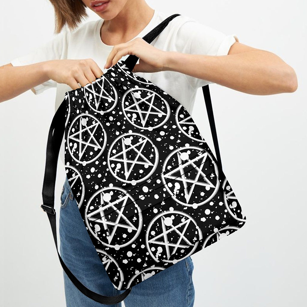 Black And White Wicca Pentagram Print Drawstring Backpack