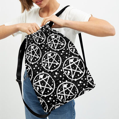 Black And White Wicca Pentagram Print Drawstring Backpack