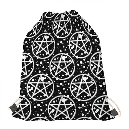 Black And White Wicca Pentagram Print Drawstring Bag