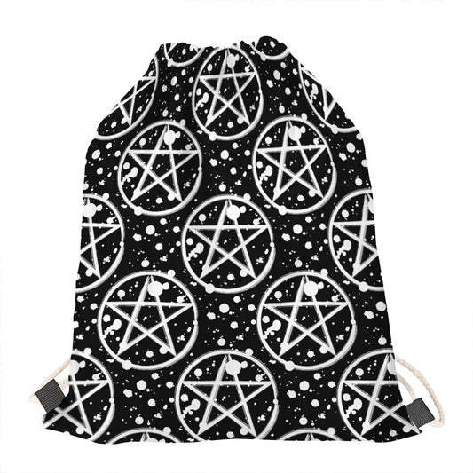 Black And White Wicca Pentagram Print Drawstring Bag