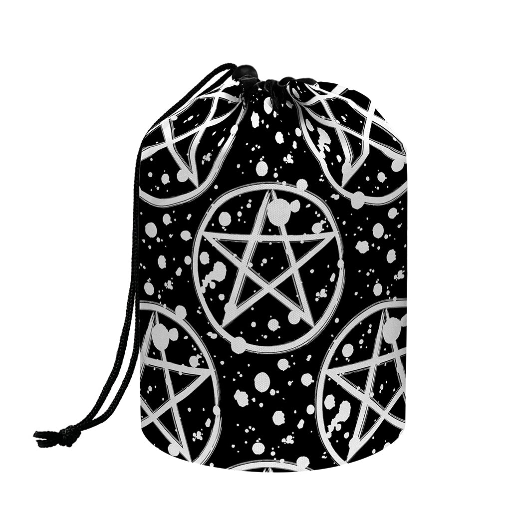 Black And White Wicca Pentagram Print Drawstring Makeup Bag
