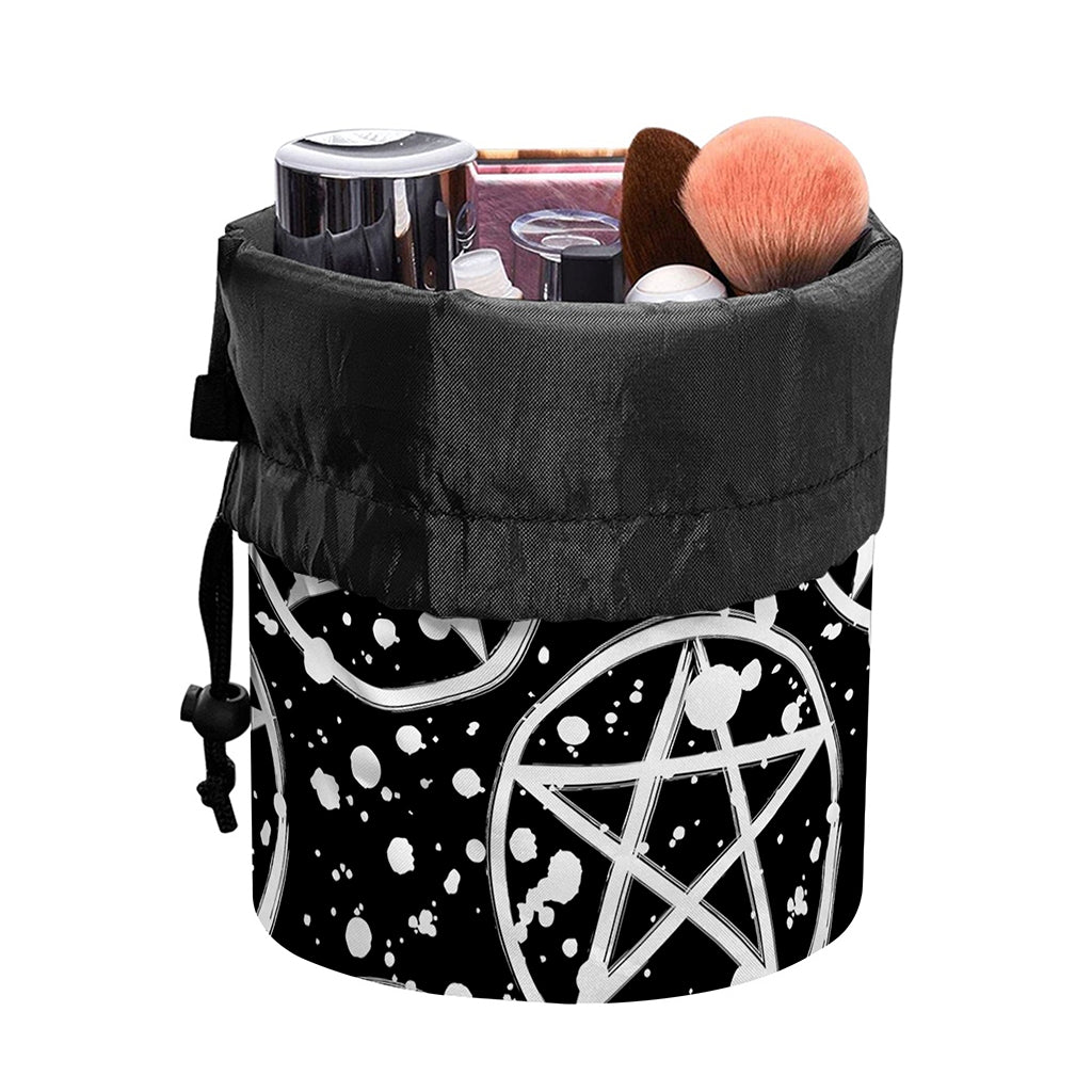 Black And White Wicca Pentagram Print Drawstring Makeup Bag