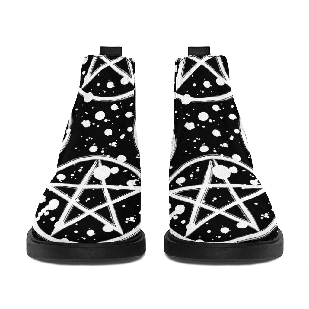 Black And White Wicca Pentagram Print Flat Ankle Boots