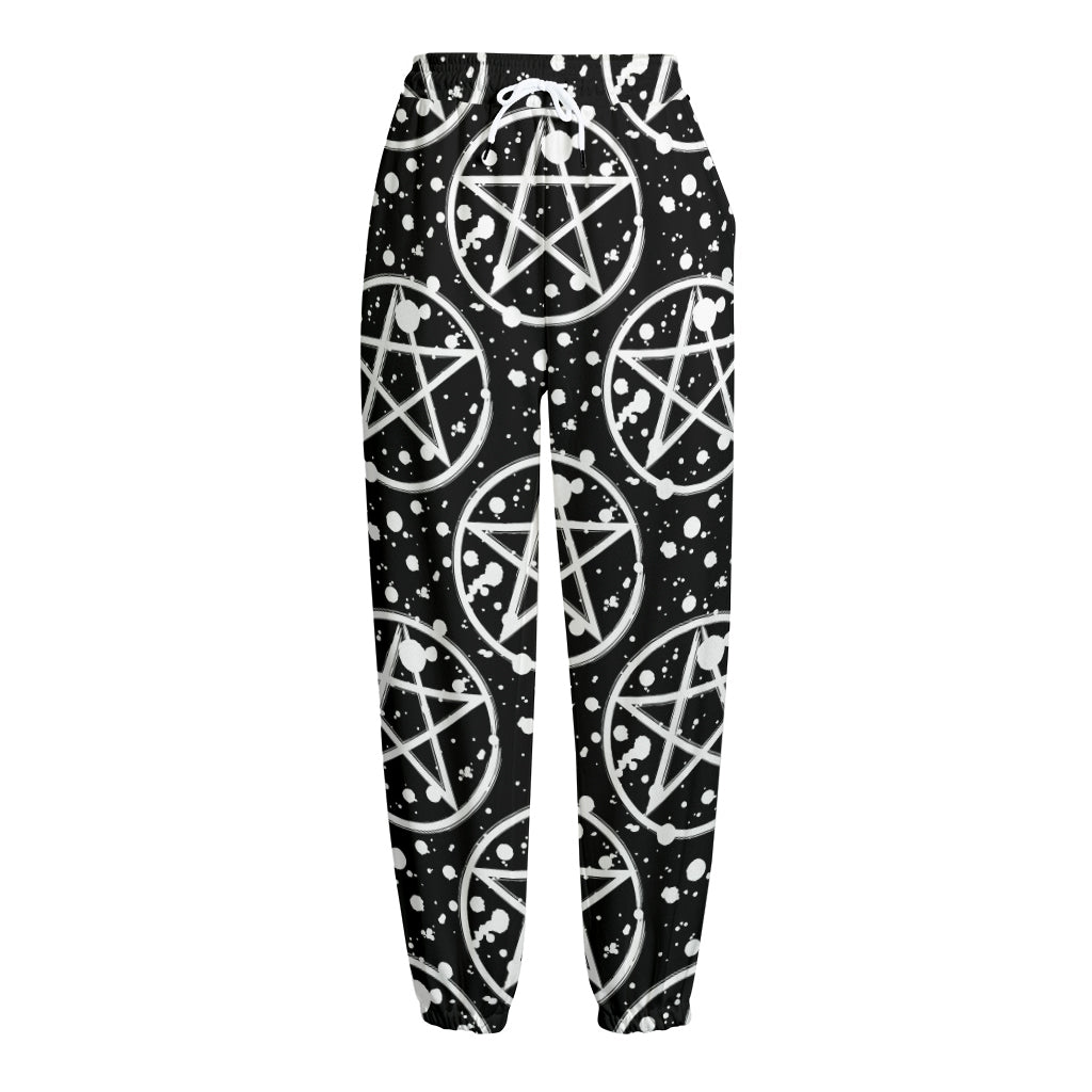 Black And White Wicca Pentagram Print Fleece Lined Knit Pants