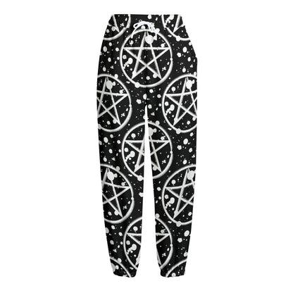 Black And White Wicca Pentagram Print Fleece Lined Knit Pants