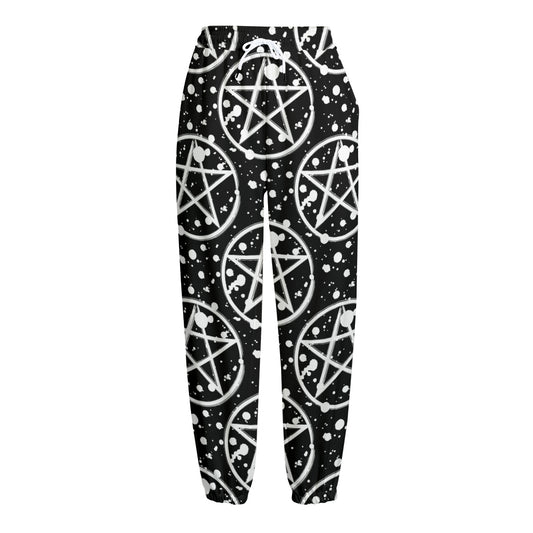 Black And White Wicca Pentagram Print Fleece Lined Knit Pants