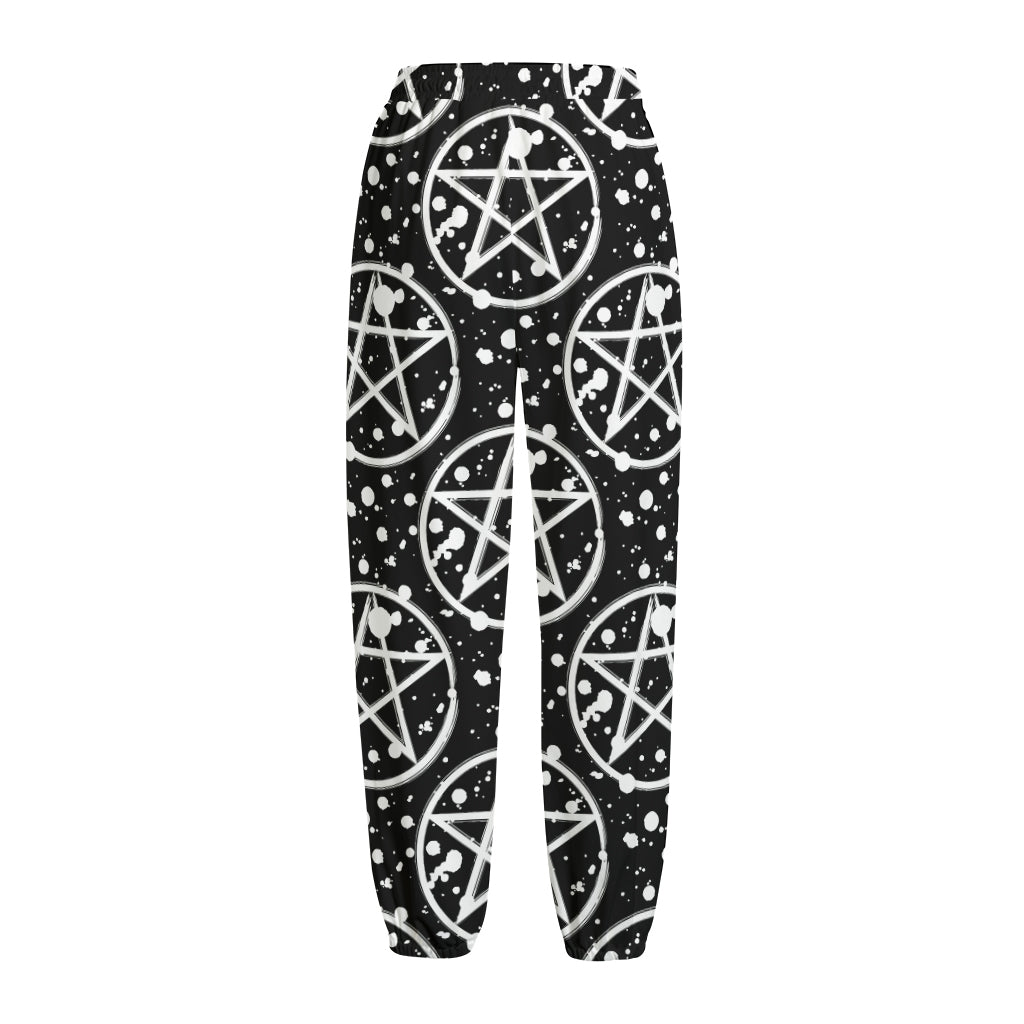 Black And White Wicca Pentagram Print Fleece Lined Knit Pants