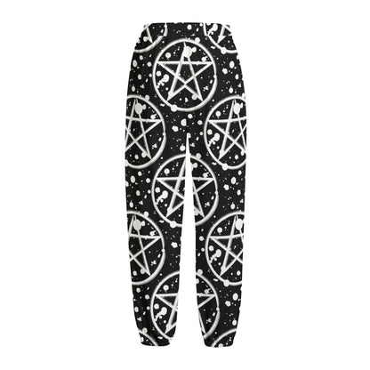 Black And White Wicca Pentagram Print Fleece Lined Knit Pants