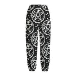 Black And White Wicca Pentagram Print Fleece Lined Knit Pants