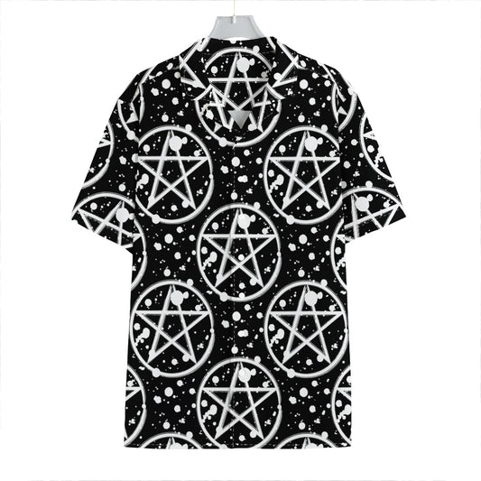 Black And White Wicca Pentagram Print Hawaiian Shirt
