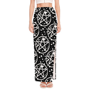 Black And White Wicca Pentagram Print High Slit Maxi Skirt