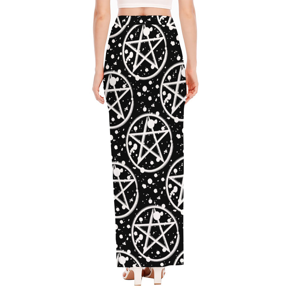 Black And White Wicca Pentagram Print High Slit Maxi Skirt