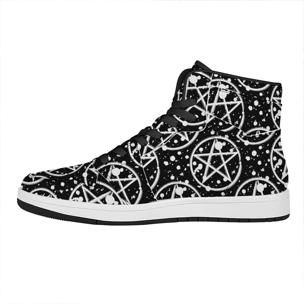 Black And White Wicca Pentagram Print High Top Leather Sneakers