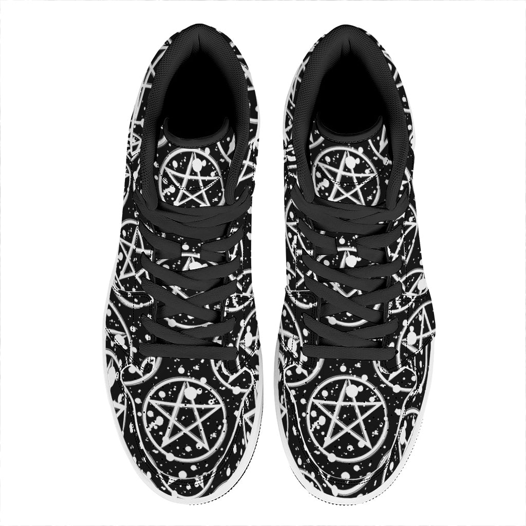 Black And White Wicca Pentagram Print High Top Leather Sneakers