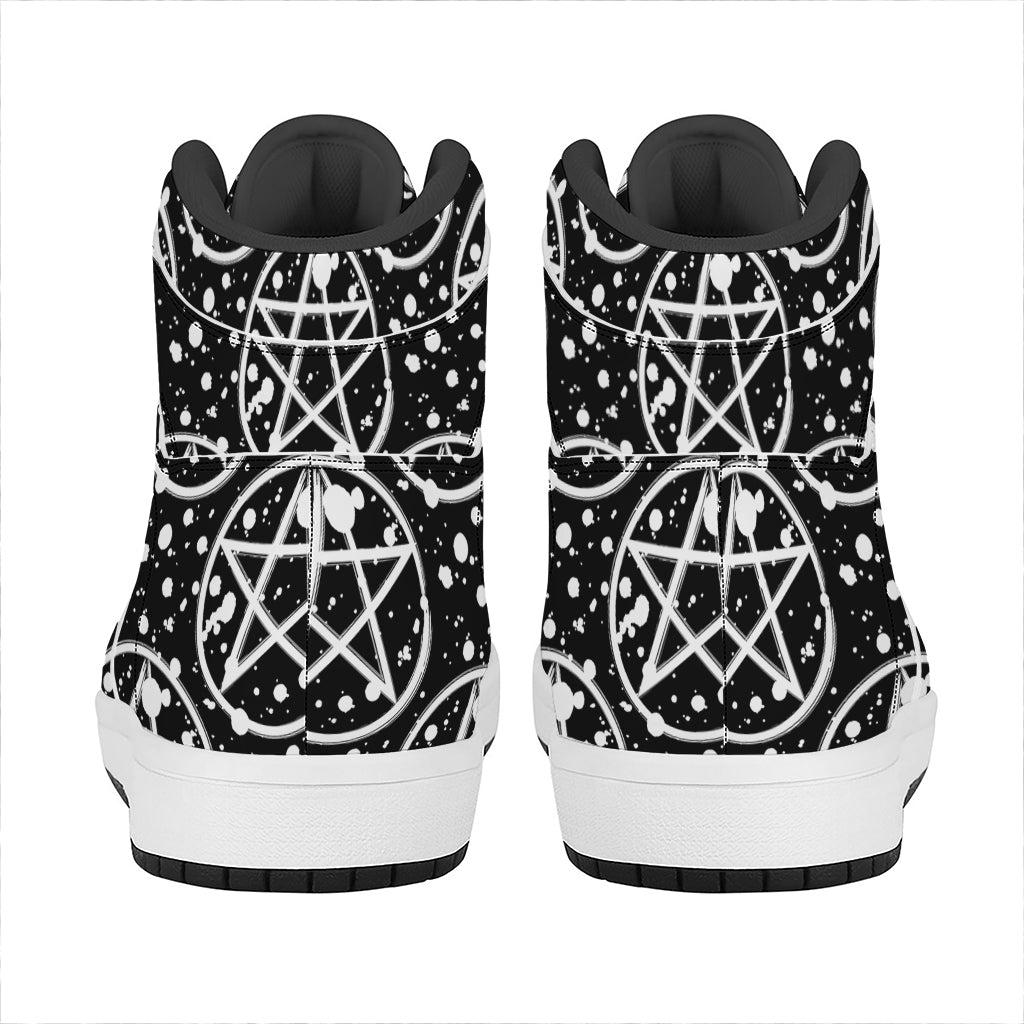Black And White Wicca Pentagram Print High Top Leather Sneakers