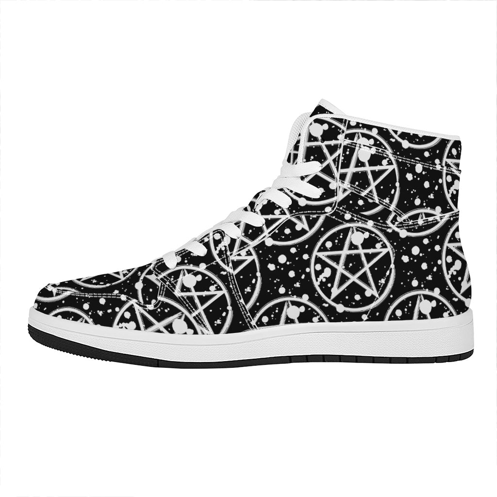 Black And White Wicca Pentagram Print High Top Leather Sneakers