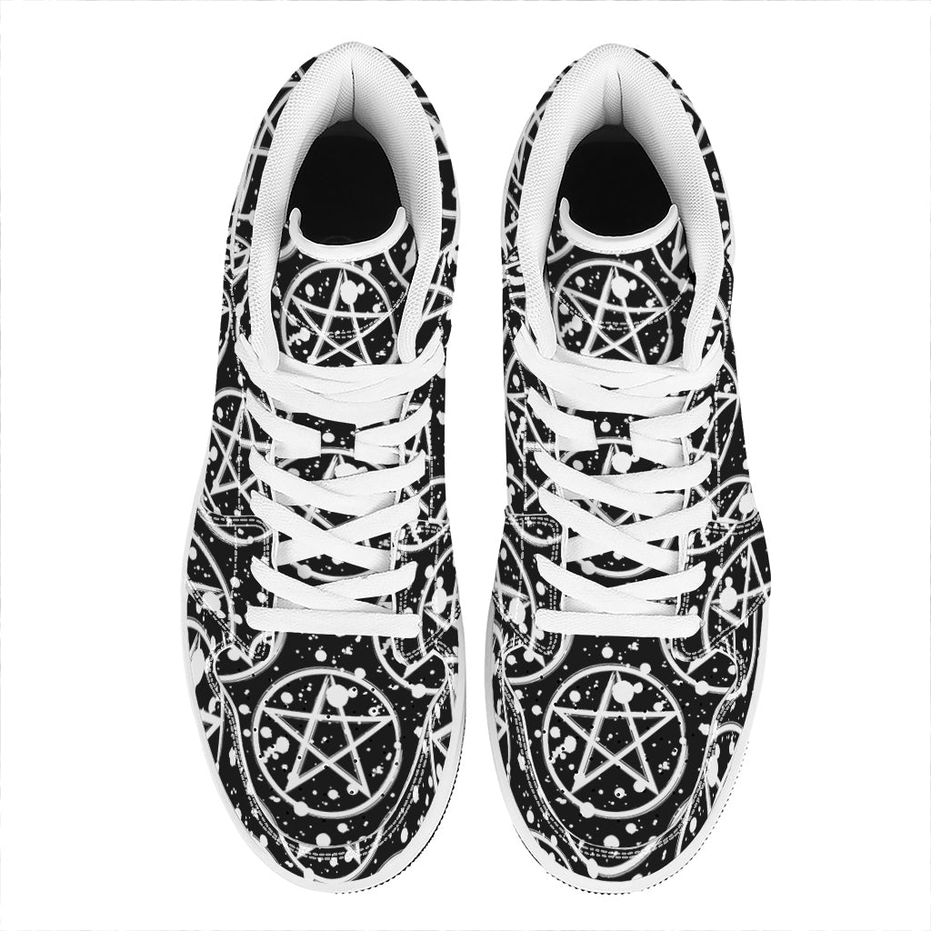 Black And White Wicca Pentagram Print High Top Leather Sneakers