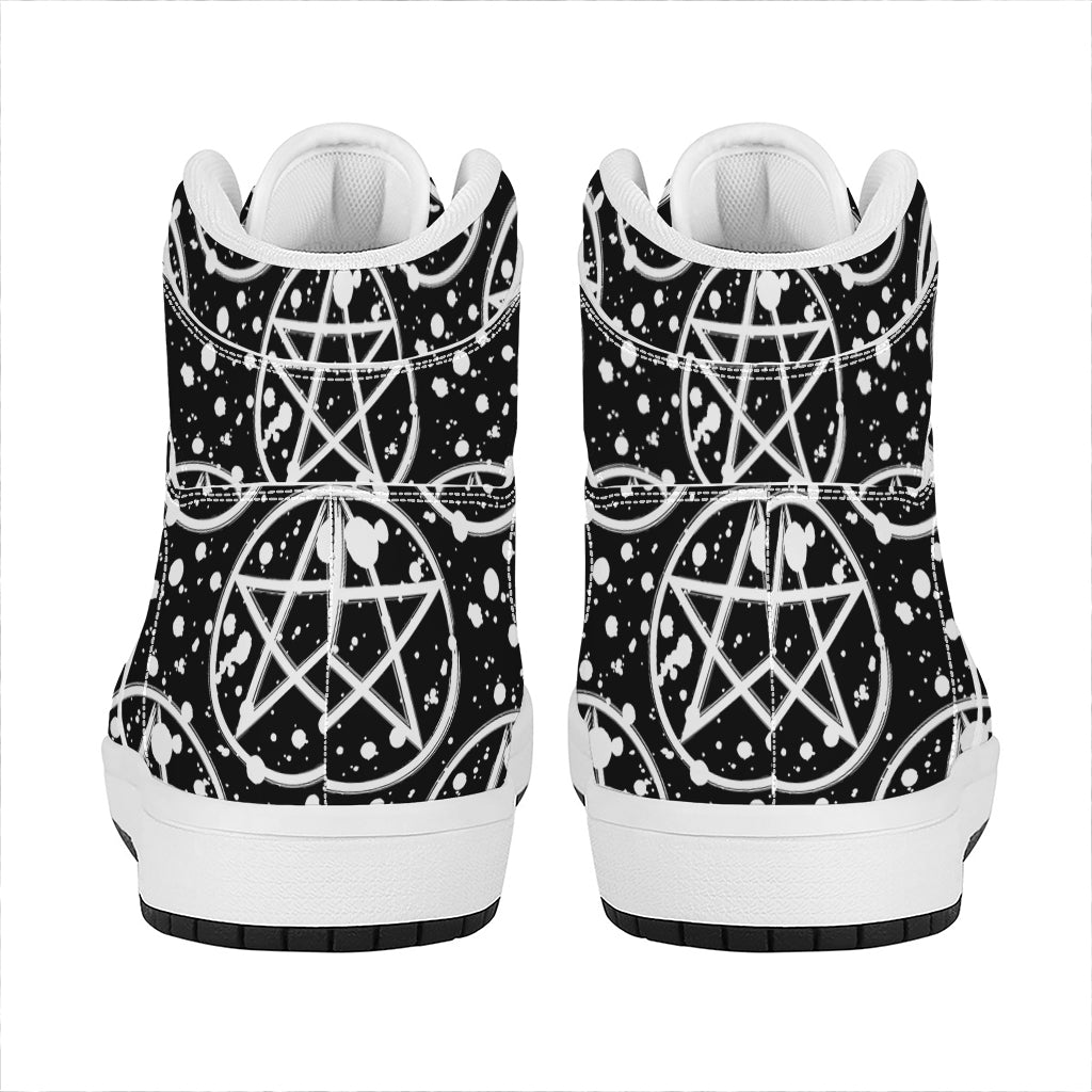 Black And White Wicca Pentagram Print High Top Leather Sneakers