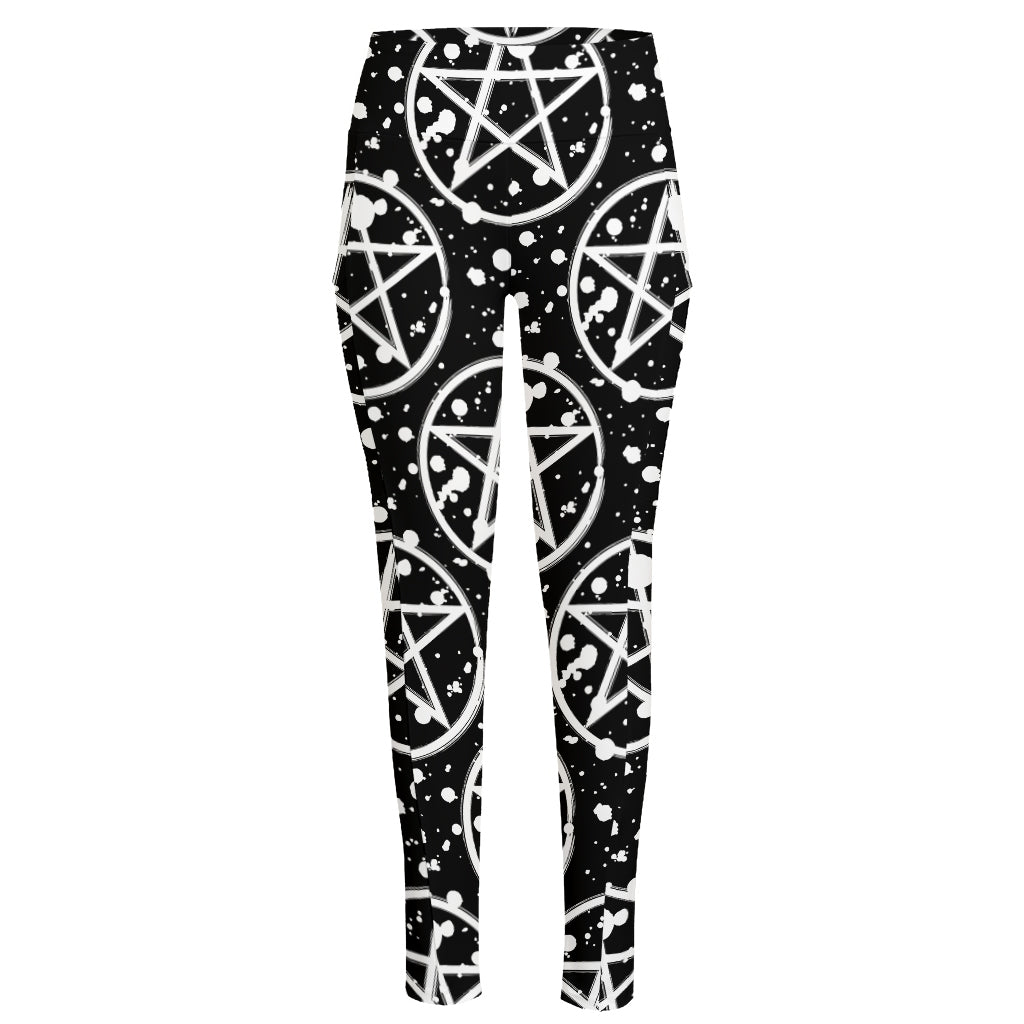 Black And White Wicca Pentagram Print High-Waisted Pocket Leggings