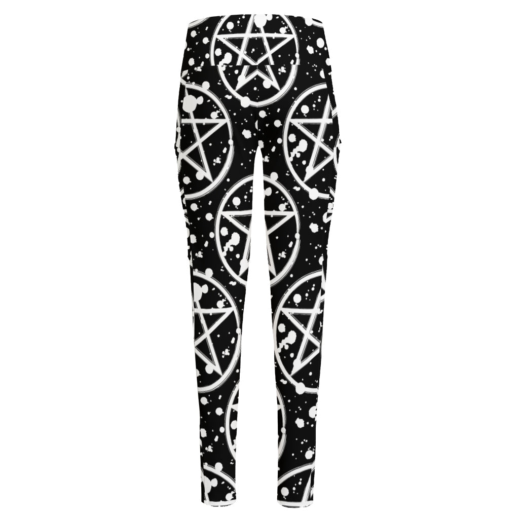 Black And White Wicca Pentagram Print High-Waisted Pocket Leggings