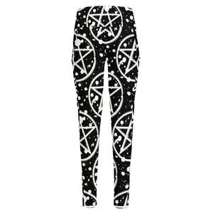 Black And White Wicca Pentagram Print High-Waisted Pocket Leggings