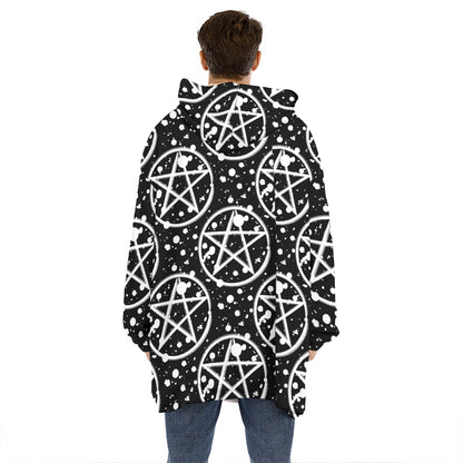 Black And White Wicca Pentagram Print Hoodie Blanket