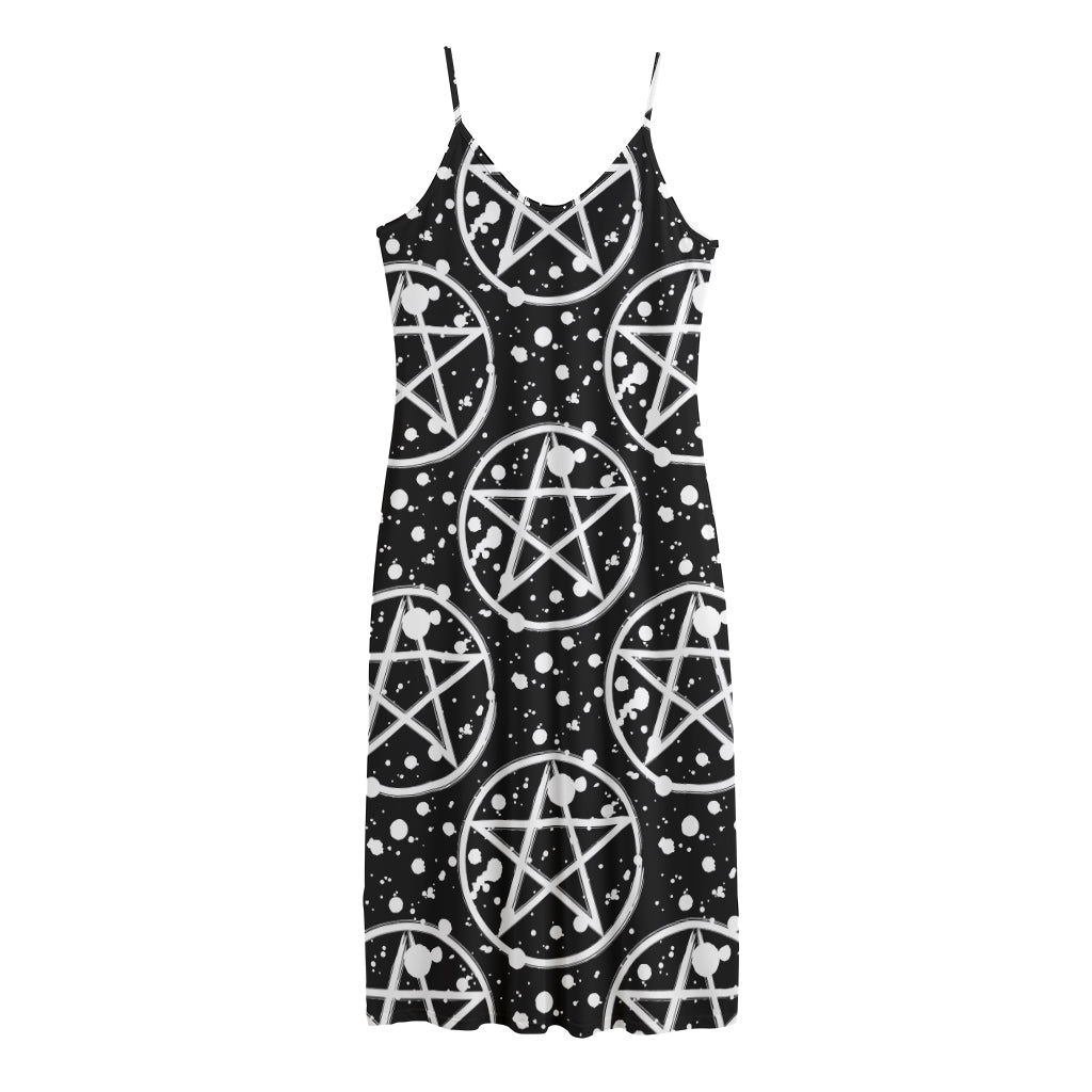 Black And White Wicca Pentagram Print Jersey Midi Cami Dress