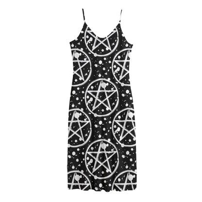 Black And White Wicca Pentagram Print Jersey Midi Cami Dress