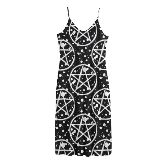 Black And White Wicca Pentagram Print Jersey Midi Cami Dress