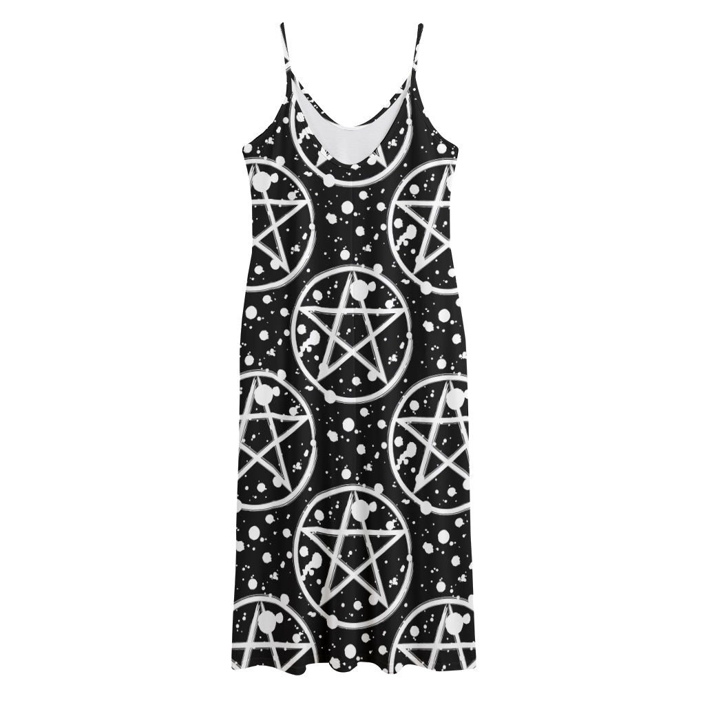 Black And White Wicca Pentagram Print Jersey Midi Cami Dress