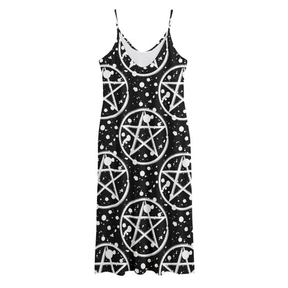 Black And White Wicca Pentagram Print Jersey Midi Cami Dress