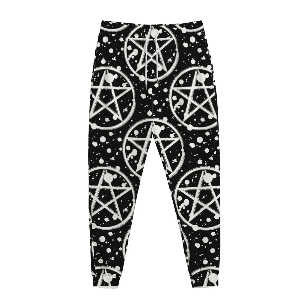Black And White Wicca Pentagram Print Jogger Pants