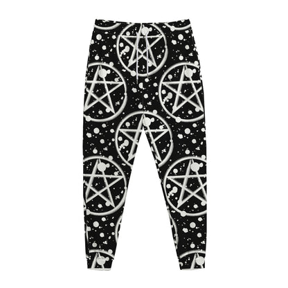 Black And White Wicca Pentagram Print Jogger Pants