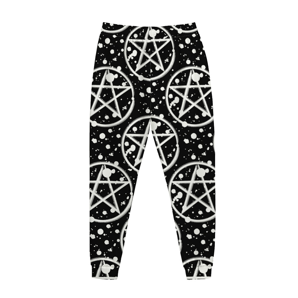 Black And White Wicca Pentagram Print Jogger Pants