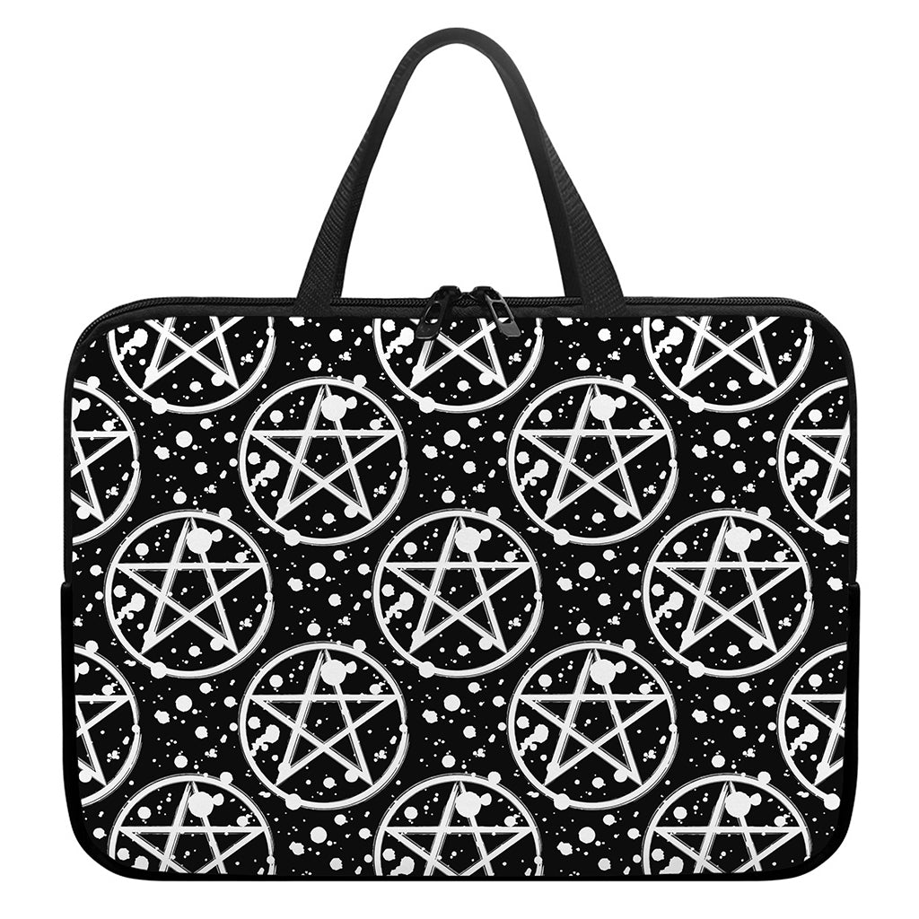 Black And White Wicca Pentagram Print Laptop Sleeve With Handle
